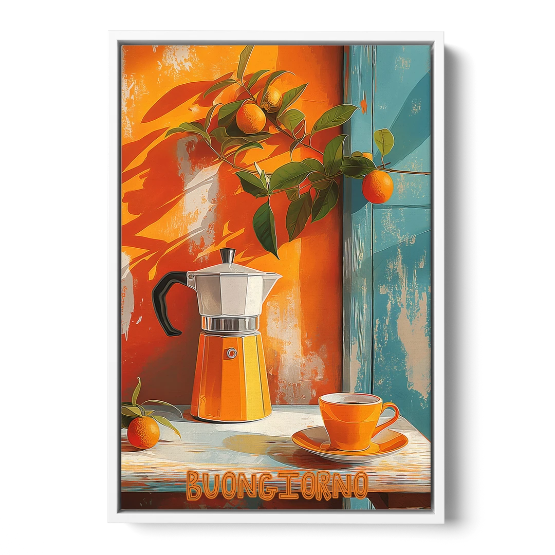Espresso Painting with a Moka Pot - White Framed Canvas Wall Art - Front