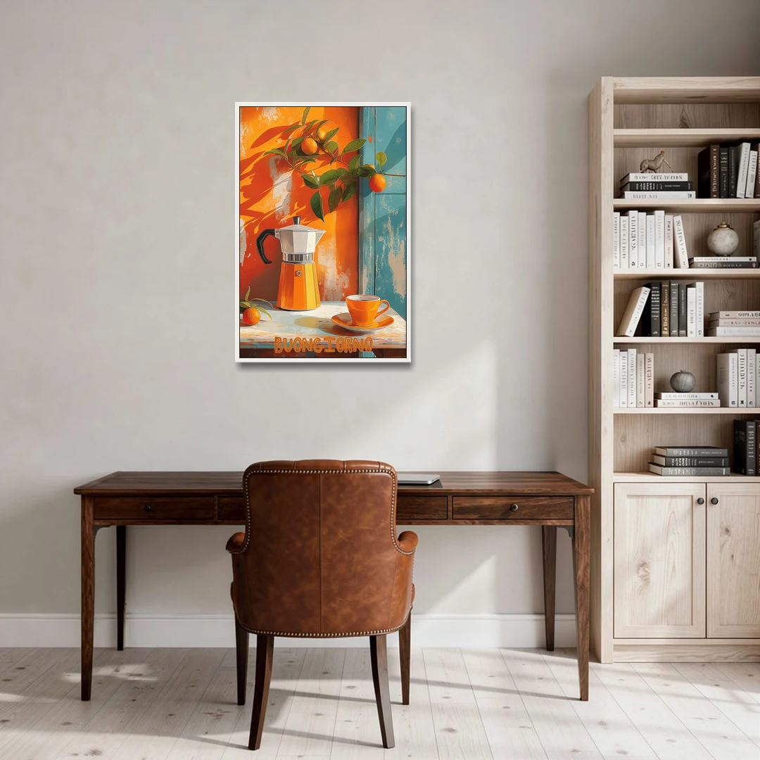 Espresso Painting with a Moka Pot - White Framed Canvas Wall Art - Office - 24x36