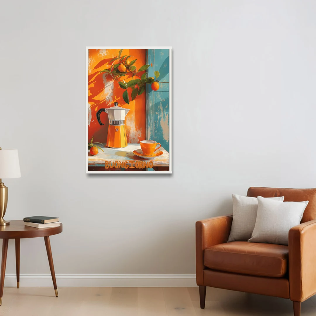 Espresso Painting with a Moka Pot - White Framed Canvas Wall Art - Sofa - 24x36