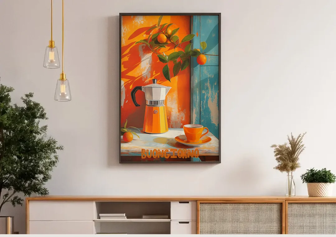 Espresso Painting with a Moka Pot canvas wall art above a wooden sideboard under pendant lights