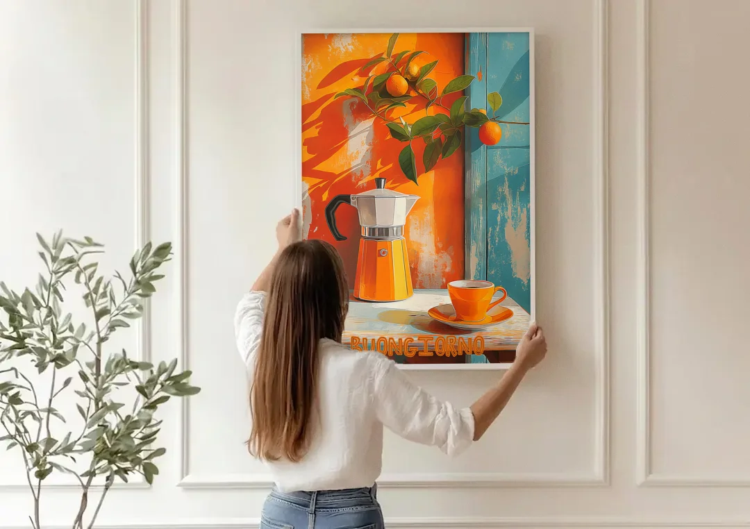 Espresso Painting with a Moka Pot canvas wall art being hung on a paneled wall