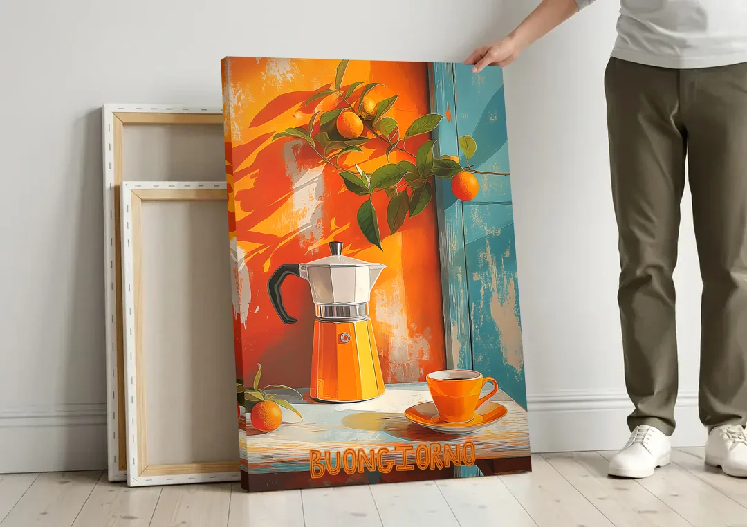 Espresso Painting with a Moka Pot canvas wall art leaning against a wall next to blank canvases