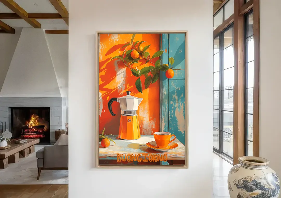 Espresso Painting with a Moka Pot canvas wall art in a living room with a fireplace
