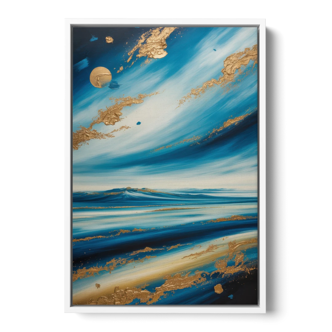 Eternal Horizon Blue and Gold Abstract - White Framed Canvas Wall Art - Front