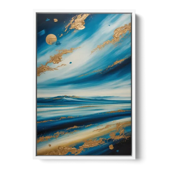 Eternal Horizon Blue and Gold Abstract - White Framed Canvas Wall Art - Front
