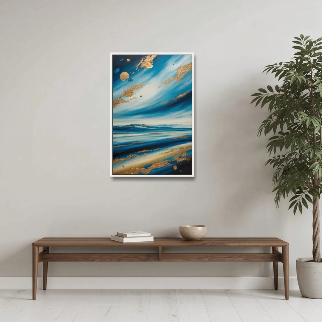 Eternal Horizon Blue and Gold Abstract - White Framed Canvas Wall Art - Coffee Table - 24x36