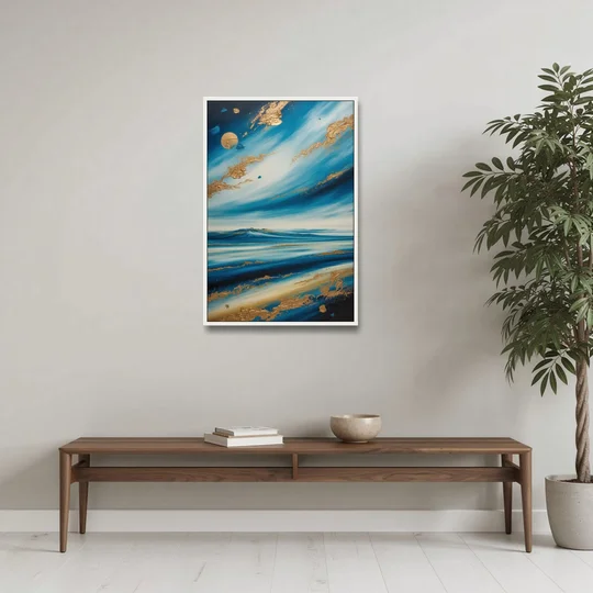 Eternal Horizon Blue and Gold Abstract - White Framed Canvas Wall Art - Coffee Table - 24x36