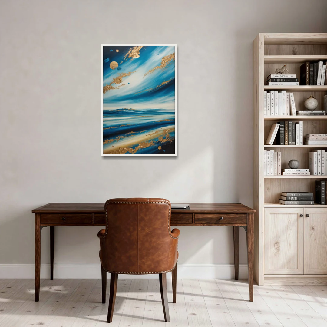 Eternal Horizon Blue and Gold Abstract - White Framed Canvas Wall Art - Office - 24x36