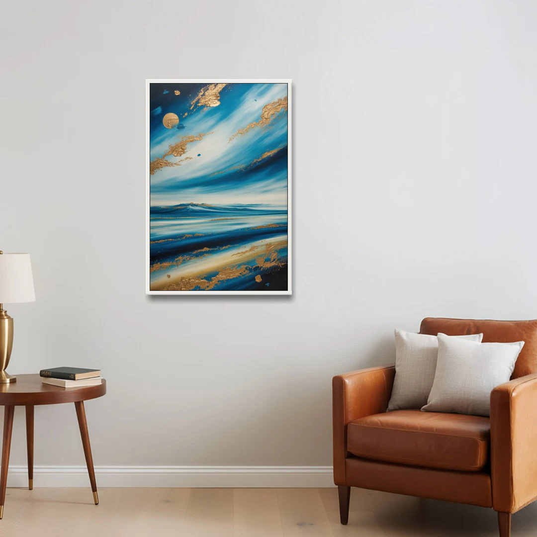 Eternal Horizon Blue and Gold Abstract - White Framed Canvas Wall Art - Sofa - 24x36