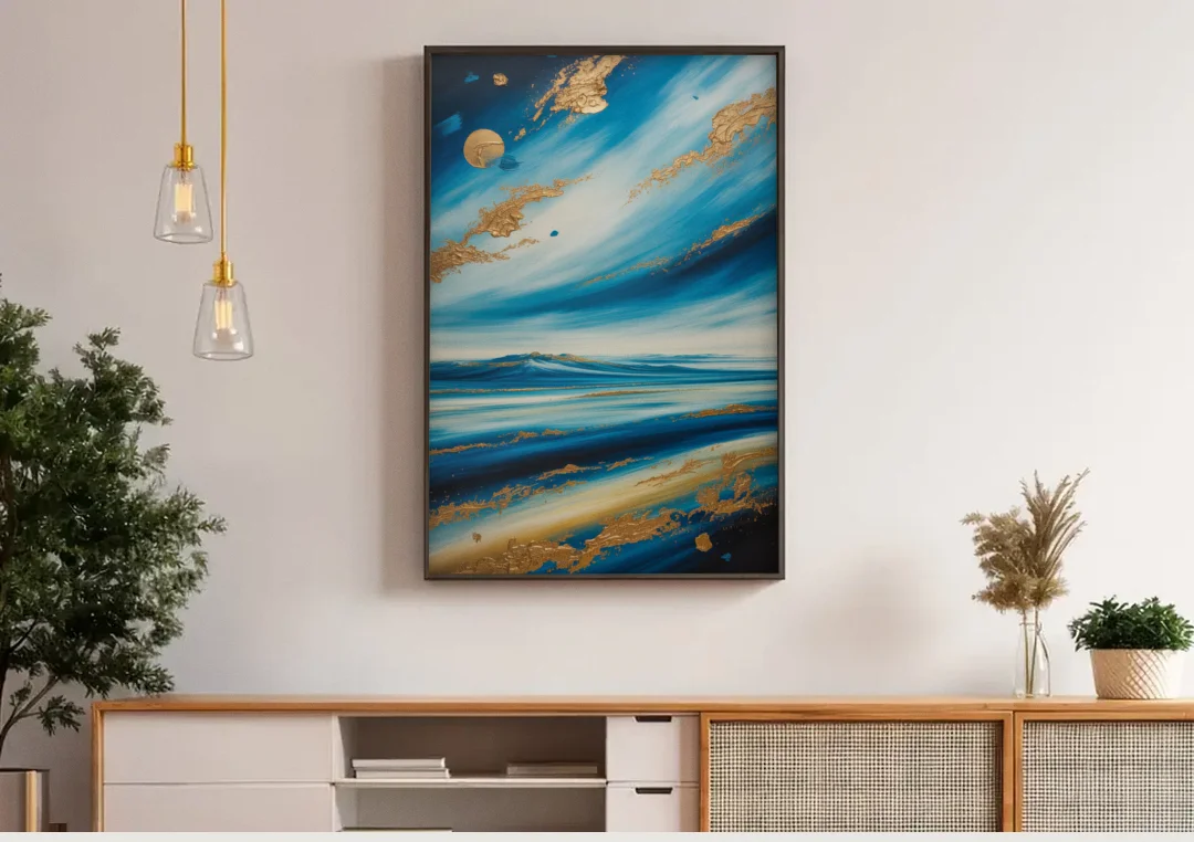 Eternal Horizon Blue and Gold Abstract canvas wall art above a wooden sideboard under pendant lights