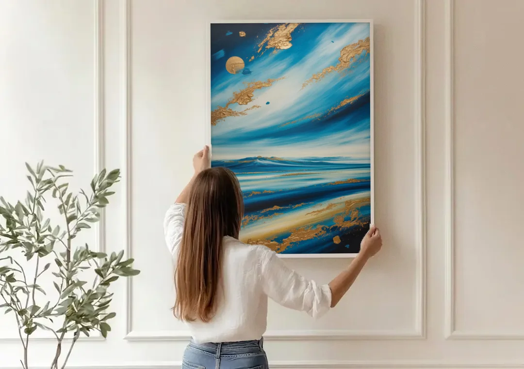 Eternal Horizon Blue and Gold Abstract canvas wall art being hung on a paneled wall