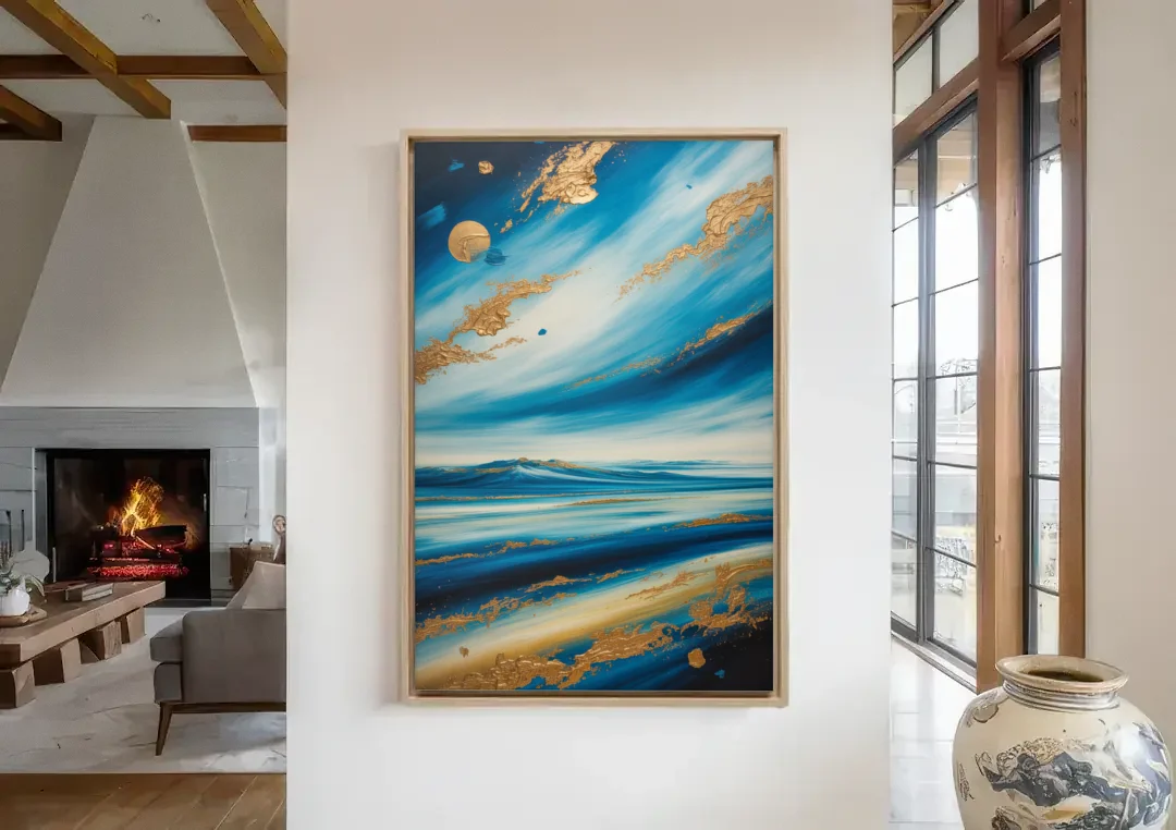Eternal Horizon Blue and Gold Abstract canvas wall art in a living room with a fireplace