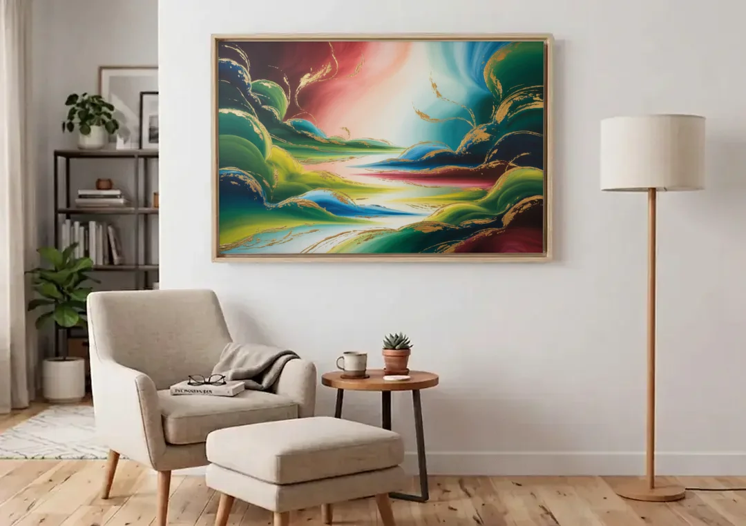 Ethereal Dreamscape Colorful Abstract canvas wall art above an armchair in a bright living room