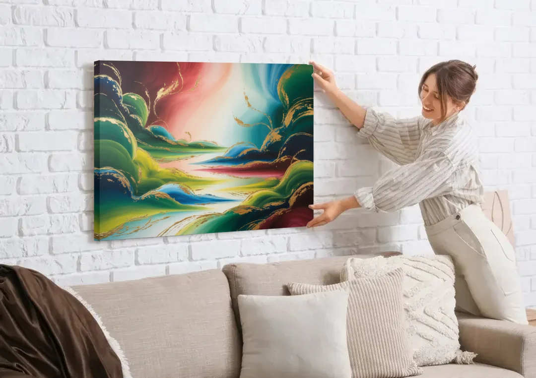 Ethereal Dreamscape Colorful Abstract canvas wall art being hung on a white brick wall above a sofa