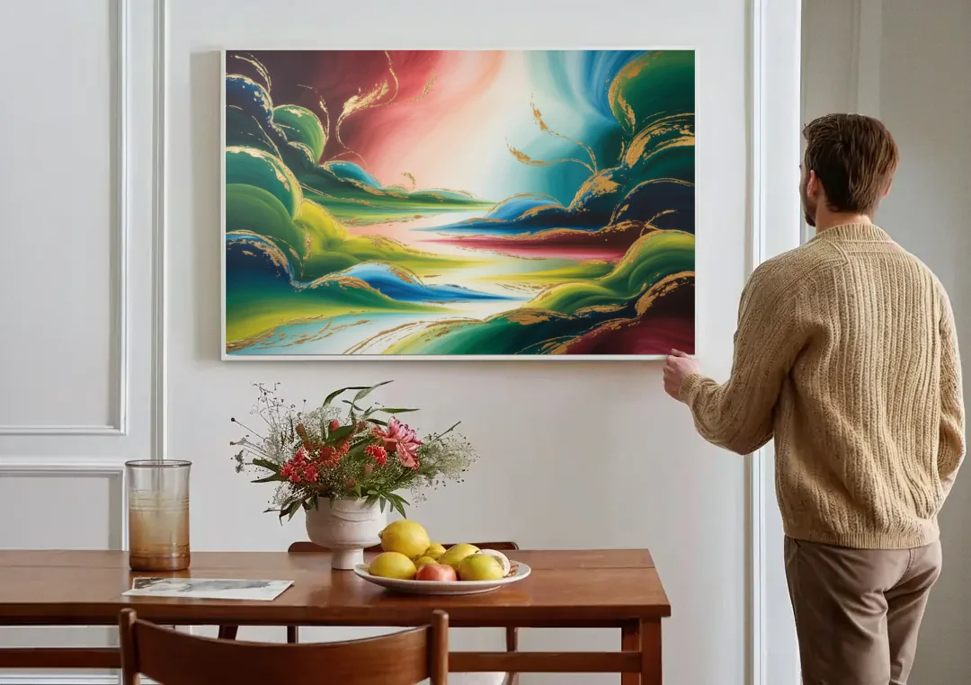 Ethereal Dreamscape Colorful Abstract canvas wall art above a dining table