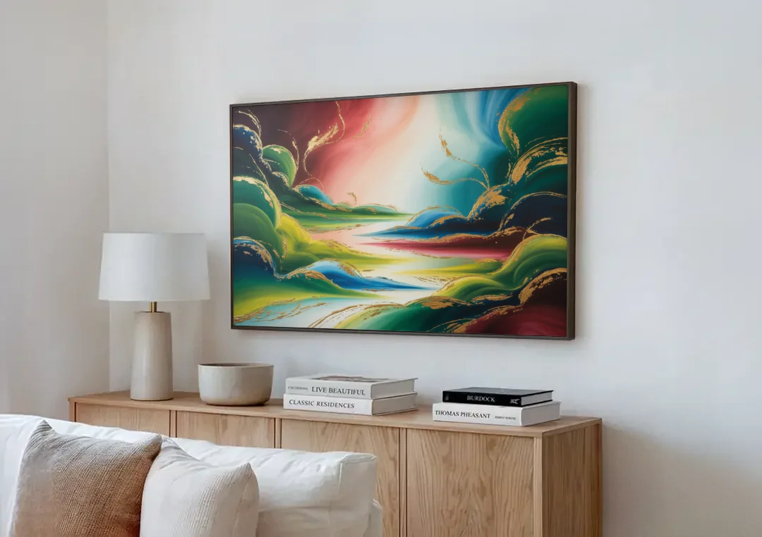 Ethereal Dreamscape Colorful Abstract canvas wall art above a wooden sideboard next to a sofa