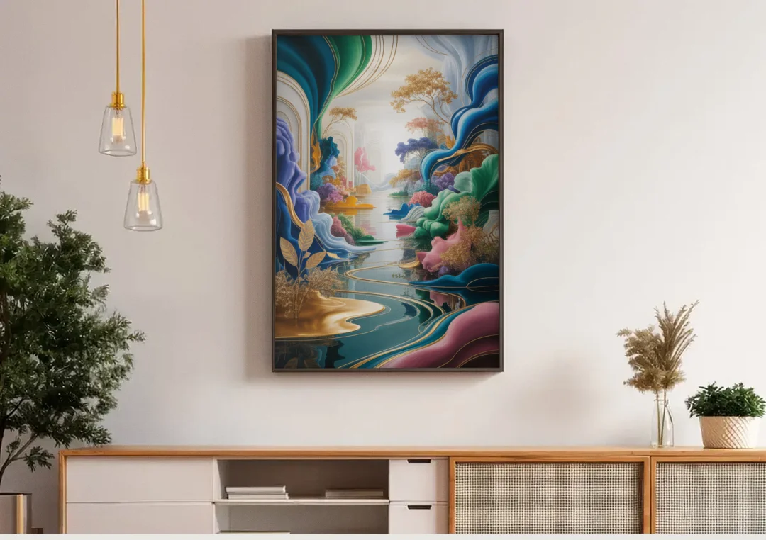 Ethereal Elegance Colorful Abstract canvas wall art above a wooden sideboard under pendant lights