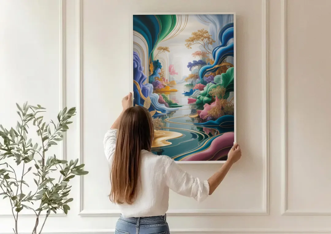 Ethereal Elegance Colorful Abstract canvas wall art being hung on a paneled wall