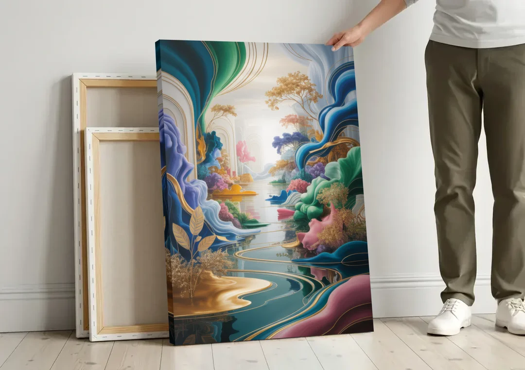 Ethereal Elegance Colorful Abstract canvas wall art leaning against a wall next to blank canvases