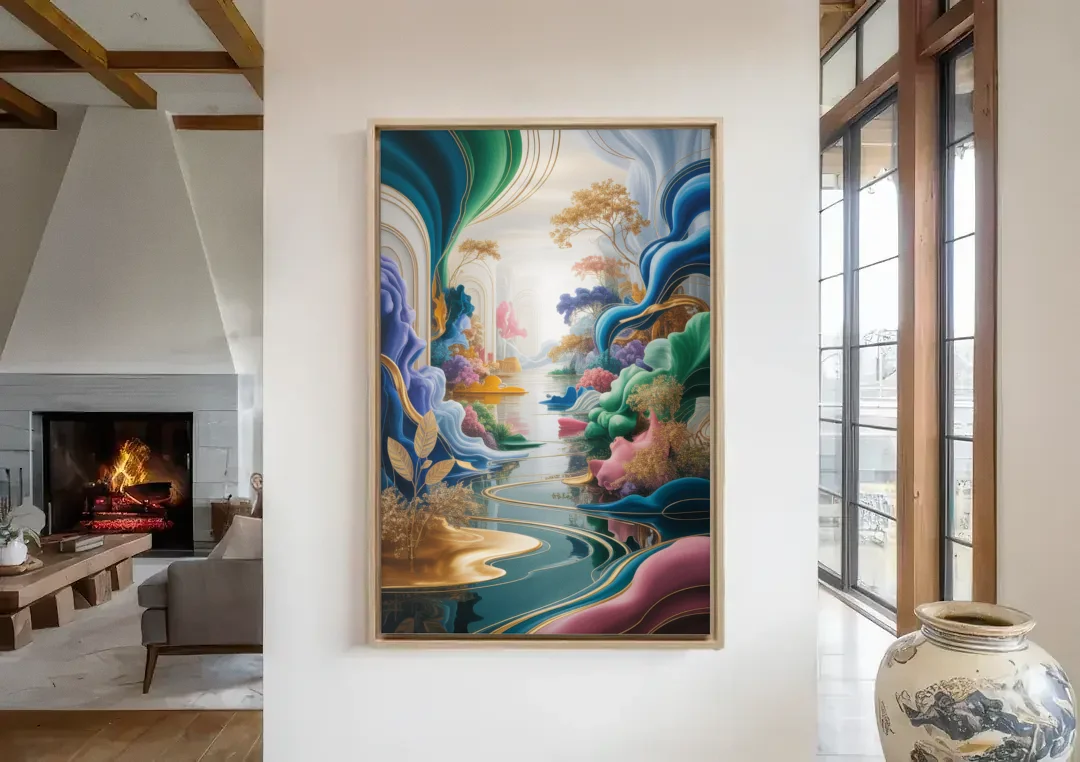 Ethereal Elegance Colorful Abstract canvas wall art in a living room with a fireplace