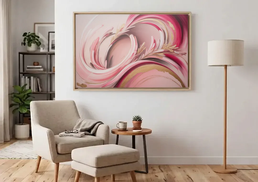 Ethereal Elegance Pink Abstract canvas wall art above an armchair in a bright living room