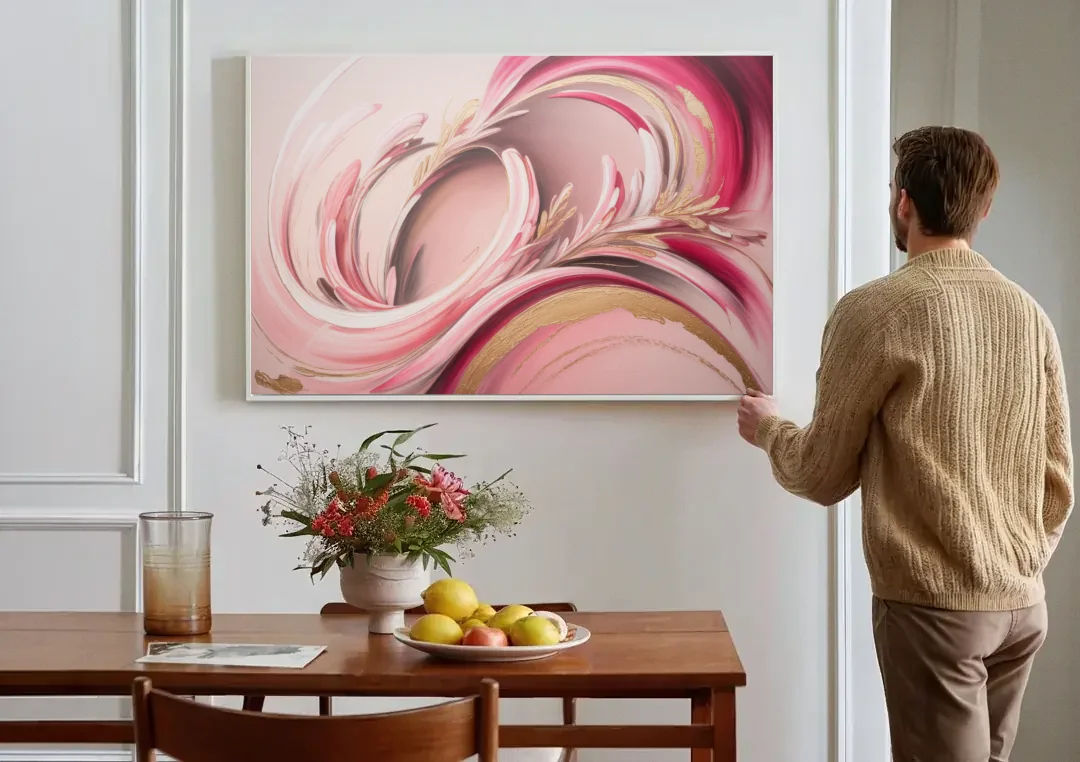 Ethereal Elegance Pink Abstract canvas wall art above a dining table