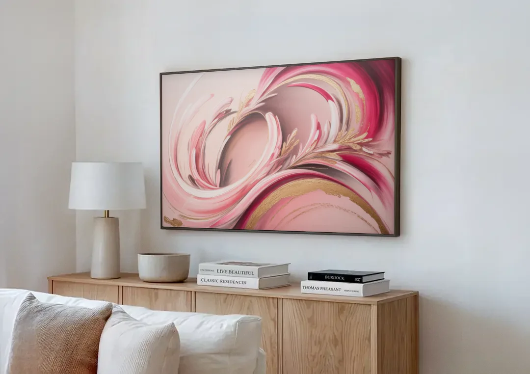 Ethereal Elegance Pink Abstract canvas wall art above a wooden sideboard next to a sofa
