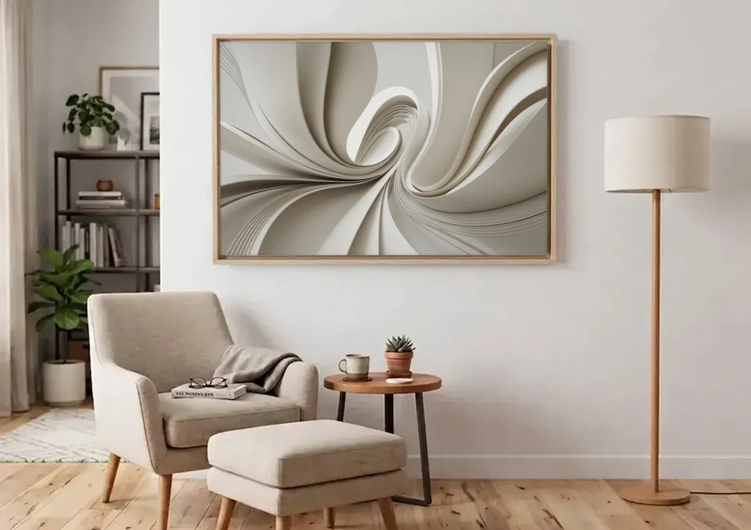 Ethereal Elegance White Abstract canvas wall art above an armchair in a bright living room