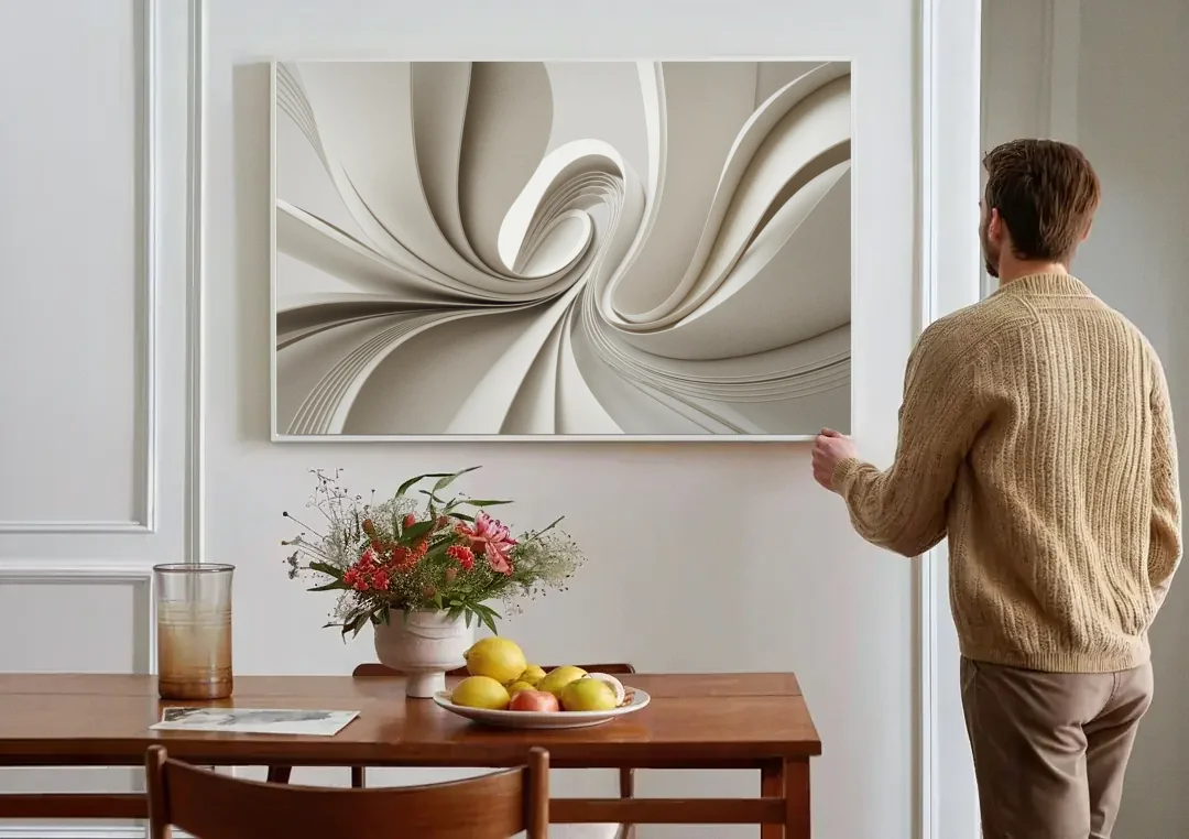 Ethereal Elegance White Abstract canvas wall art above a dining table