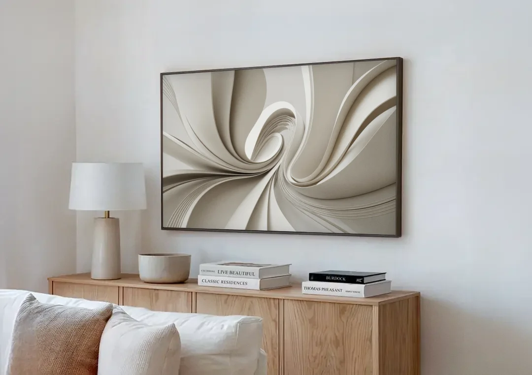 Ethereal Elegance White Abstract canvas wall art above a wooden sideboard next to a sofa
