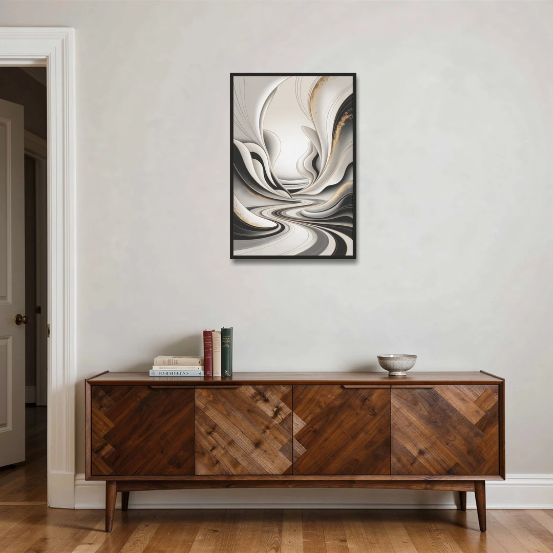 Ethereal Fluidity White Abstract - Black Framed Canvas Wall Art - Coffee Table - 24x36