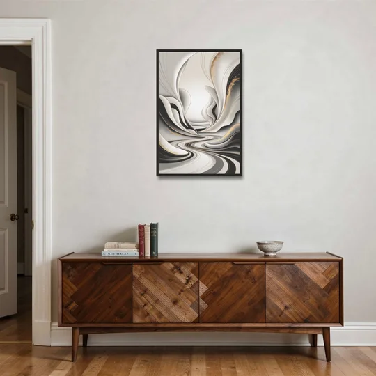 Ethereal Fluidity White Abstract - Black Framed Canvas Wall Art - Coffee Table - 24x36
