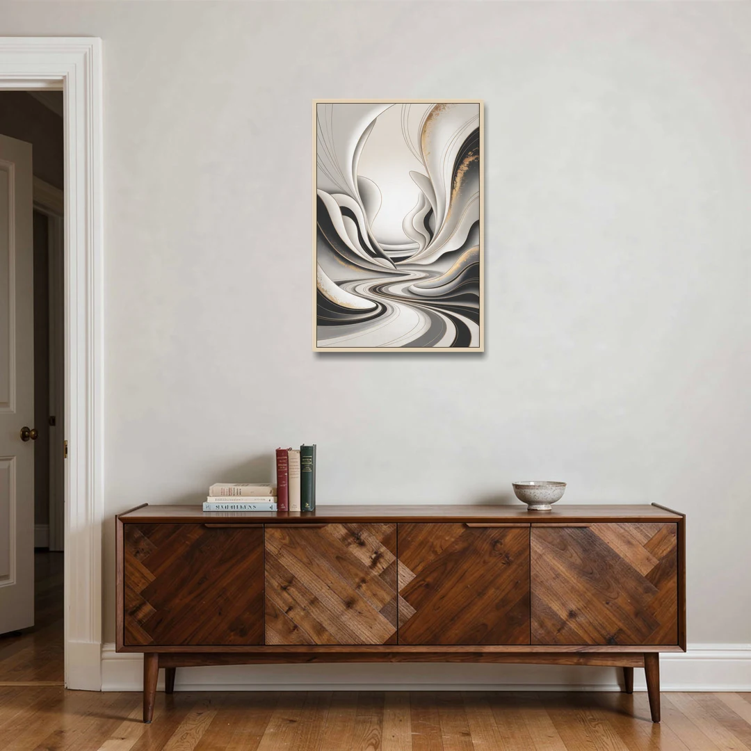 Ethereal Fluidity White Abstract - Oak Framed Canvas Wall Art - Coffee Table - 24x36