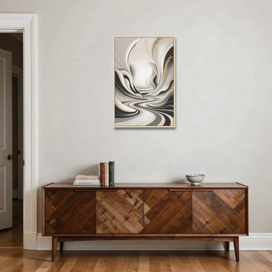 Ethereal Fluidity White Abstract - Oak Framed Canvas Wall Art - Coffee Table - 24x36