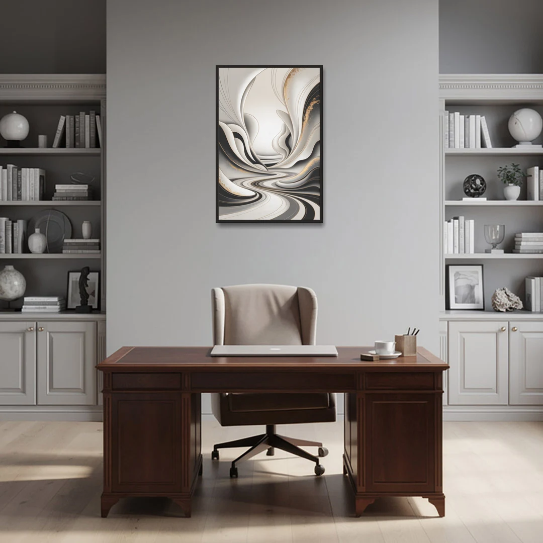 Ethereal Fluidity White Abstract - Black Framed Canvas Wall Art - Office - 24x36