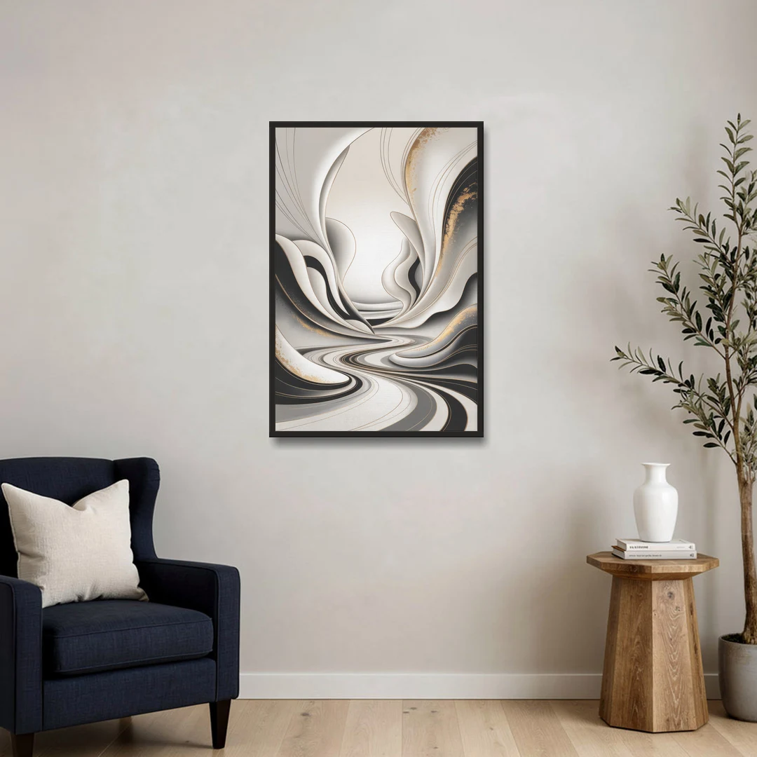Ethereal Fluidity White Abstract - Black Framed Canvas Wall Art - Sofa - 24x36