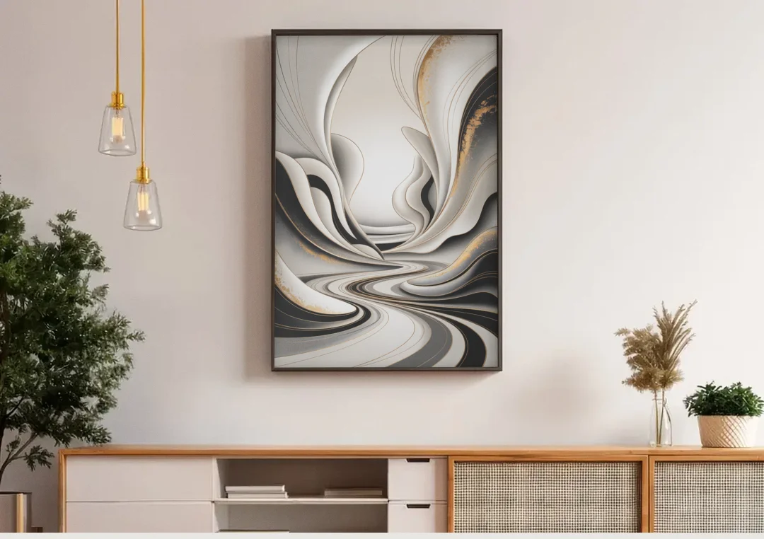 Ethereal Fluidity White Abstract canvas wall art above a wooden sideboard under pendant lights
