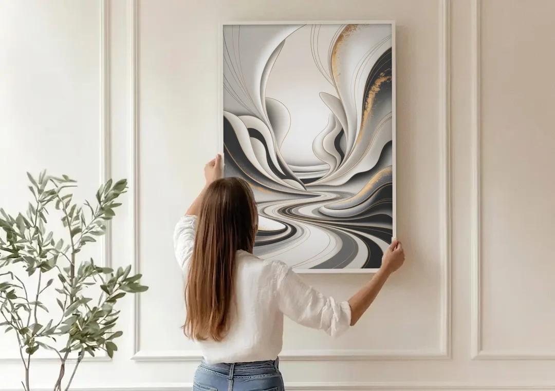Ethereal Fluidity White Abstract canvas wall art being hung on a paneled wall