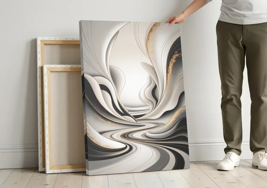 Ethereal Fluidity White Abstract canvas wall art leaning against a wall next to blank canvases
