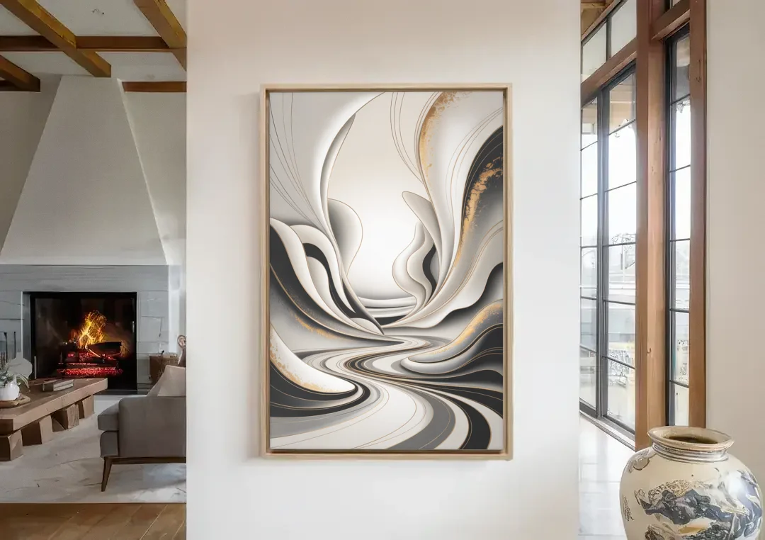 Ethereal Fluidity White Abstract canvas wall art in a living room with a fireplace