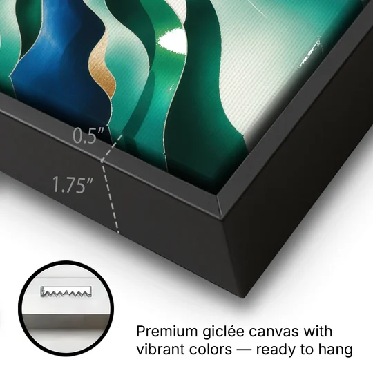 Ethereal Harmony Blue and Green Abstract - Black Framed Canvas Wall Art - Gallery Wrap Corner