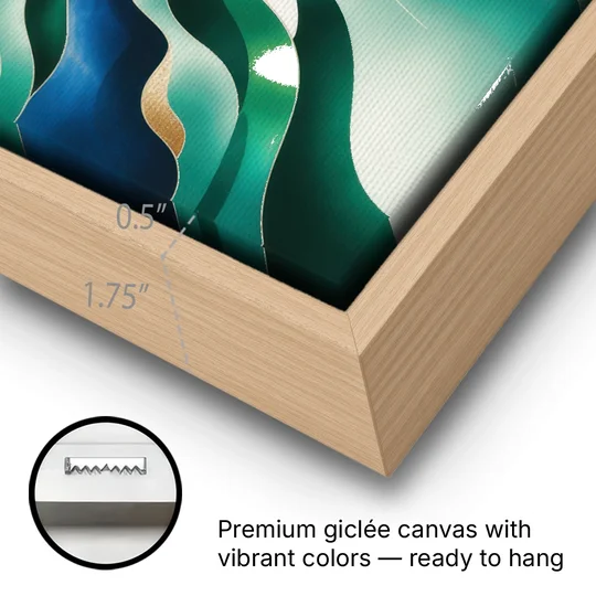 Ethereal Harmony Blue and Green Abstract - Oak Framed Canvas Wall Art - Gallery Wrap Corner