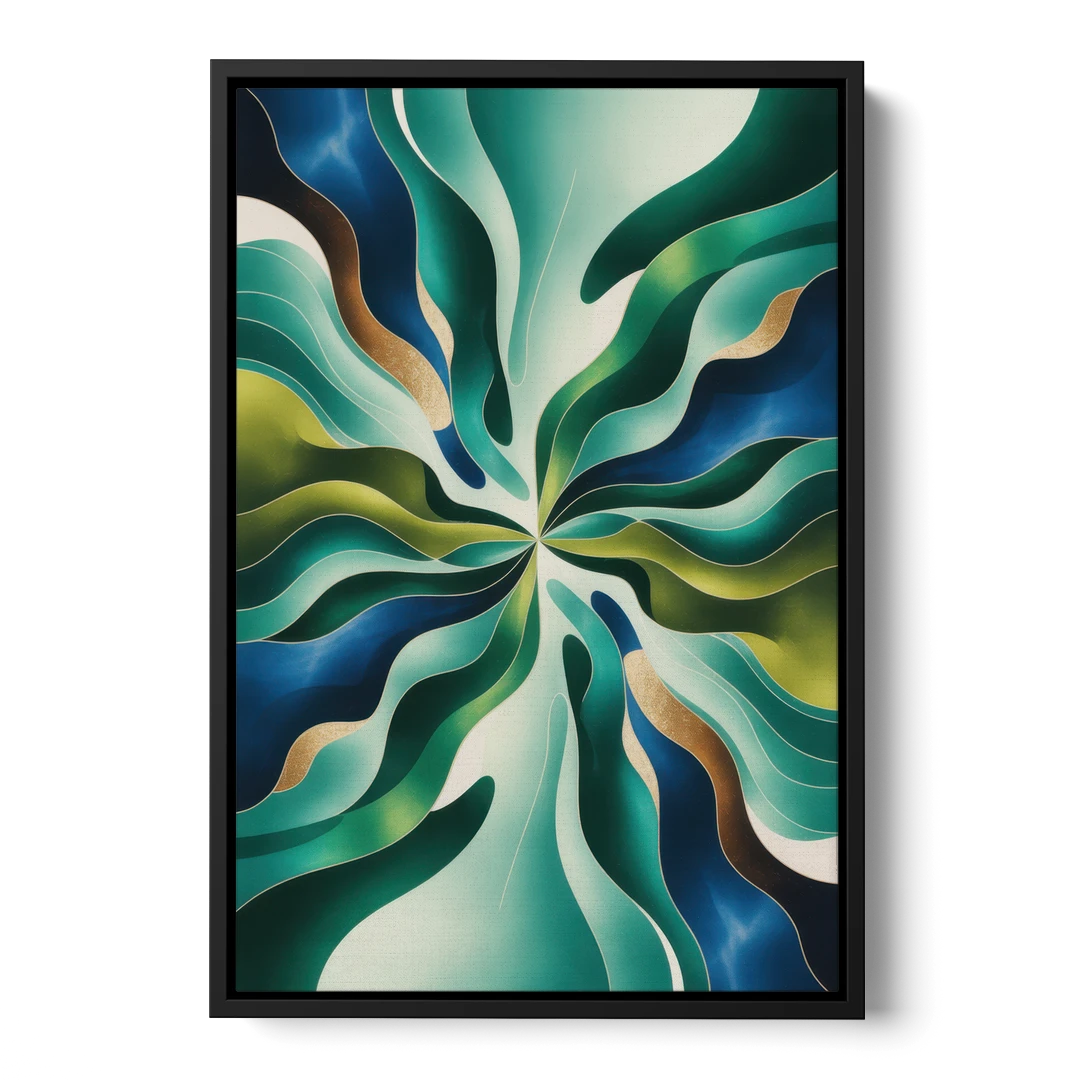 Ethereal Harmony Blue and Green Abstract - Black Framed Canvas Wall Art - Front