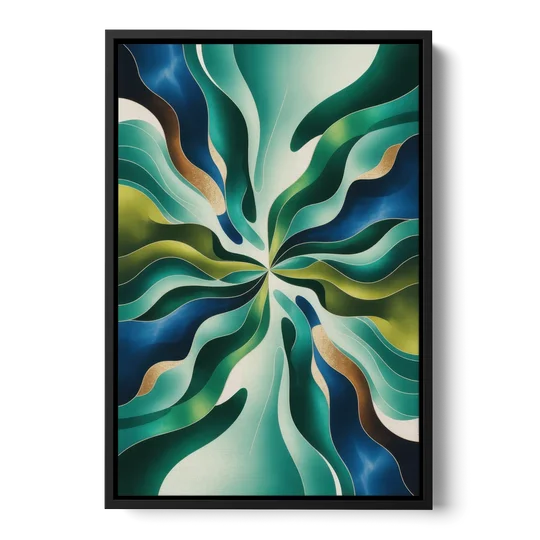 Ethereal Harmony Blue and Green Abstract - Black Framed Canvas Wall Art - Front