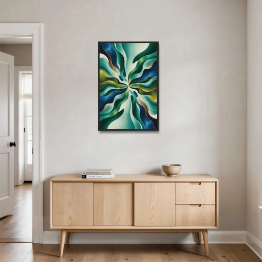 Ethereal Harmony Blue and Green Abstract - Black Framed Canvas Wall Art - Coffee Table - 24x36