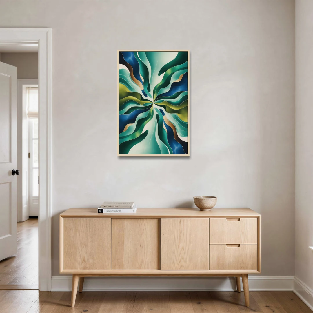 Ethereal Harmony Blue and Green Abstract - Oak Framed Canvas Wall Art - Coffee Table - 24x36