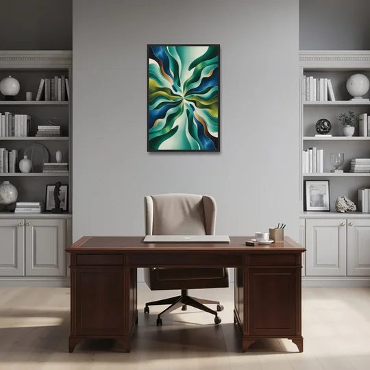 Ethereal Harmony Blue and Green Abstract - Black Framed Canvas Wall Art - Office - 24x36