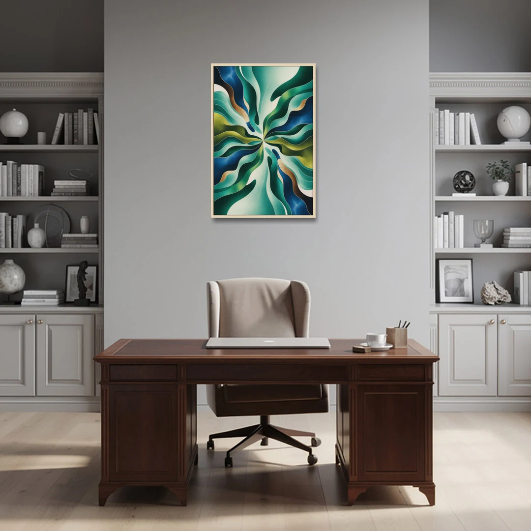 Ethereal Harmony Blue and Green Abstract - Oak Framed Canvas Wall Art - Office - 24x36