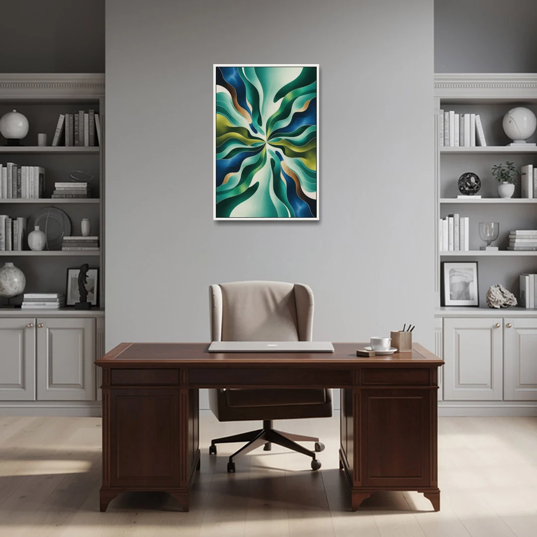 Ethereal Harmony Blue and Green Abstract - White Framed Canvas Wall Art - Office - 24x36