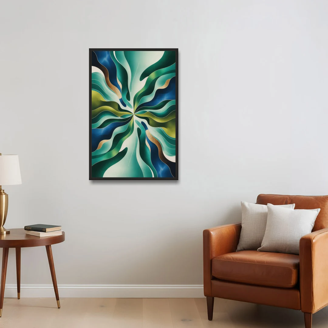 Ethereal Harmony Blue and Green Abstract - Black Framed Canvas Wall Art - Sofa - 24x36